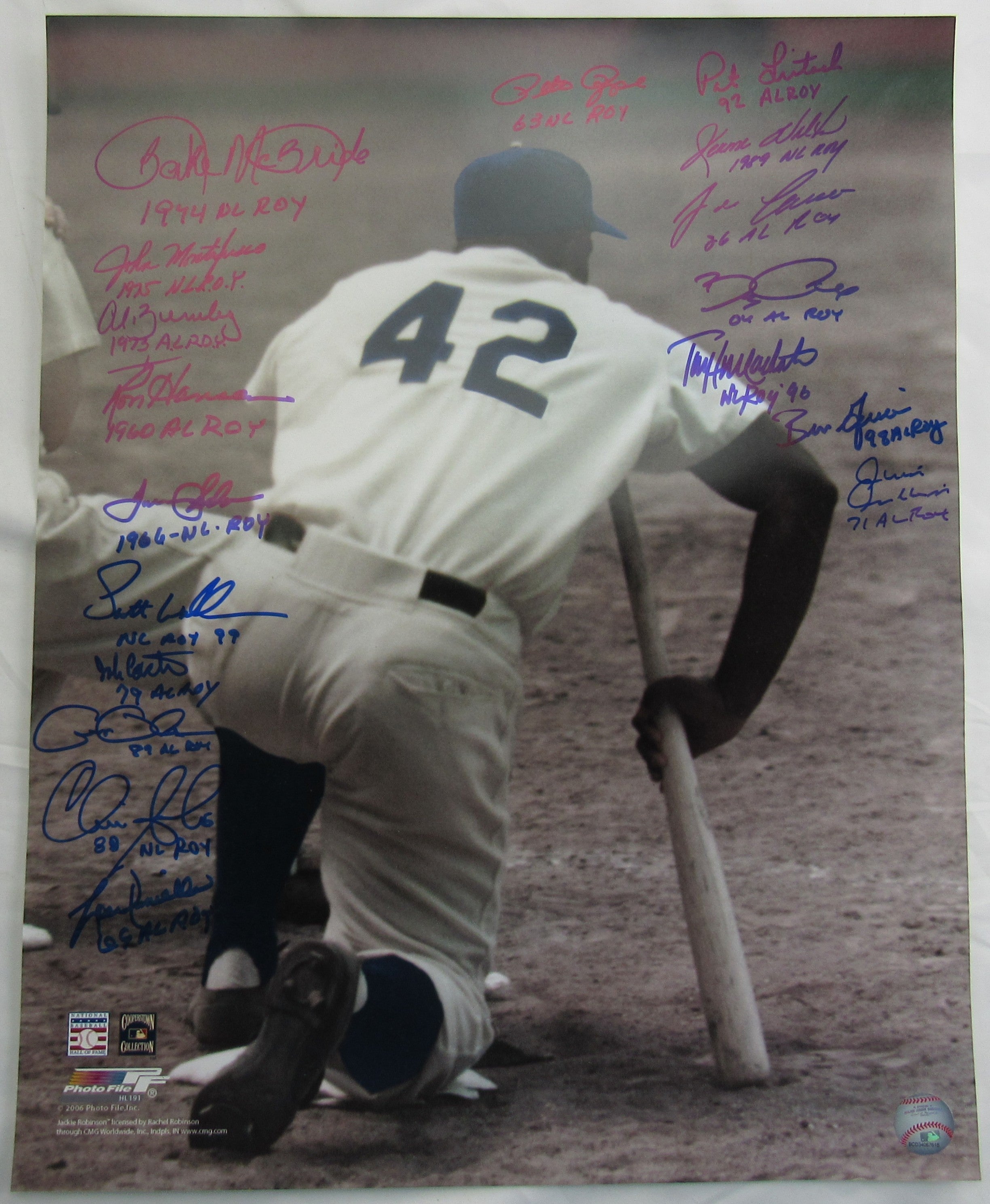 ROY Rookie of the Year Multi Signed Auto 16x20 Jackie Robinson Photo - Pete Rose, Jose Canseco - Image 1